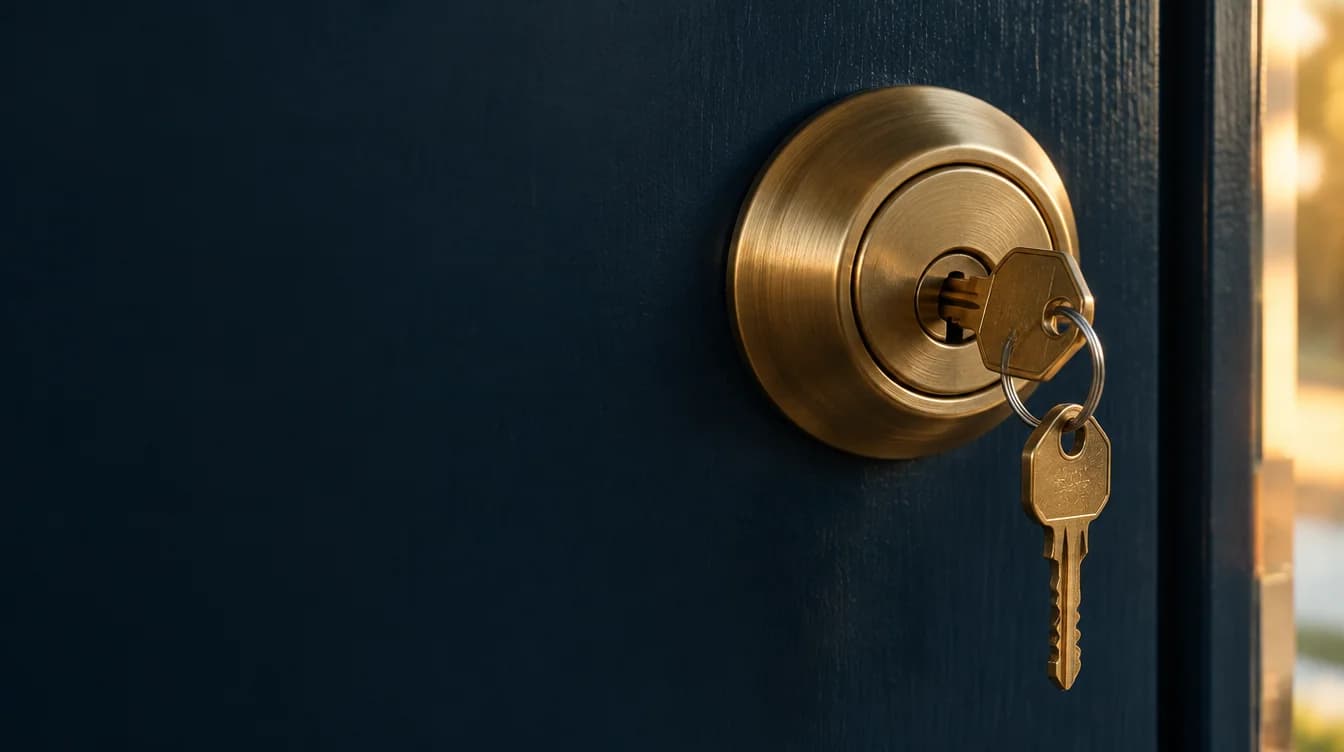 Illustrative close-up of a brass lock and keys in a dark blue door